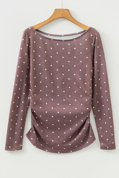 Dark Brown Polka Dot Boat Neck Knit Long Sleeve T Shirt