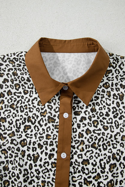 Khaki Plus Size Buttoned Contrast Trim Puff Sleeve Leopard Print Blouse