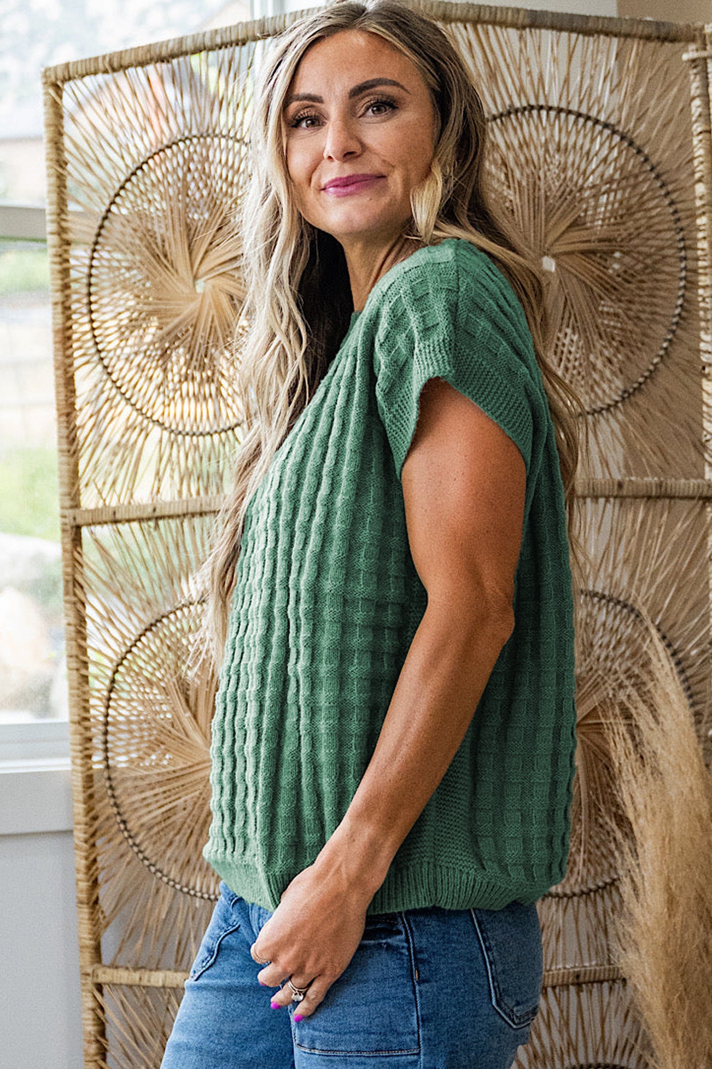 Mist Green Solid Color Round Neck Textured Short Sleeve Sweater