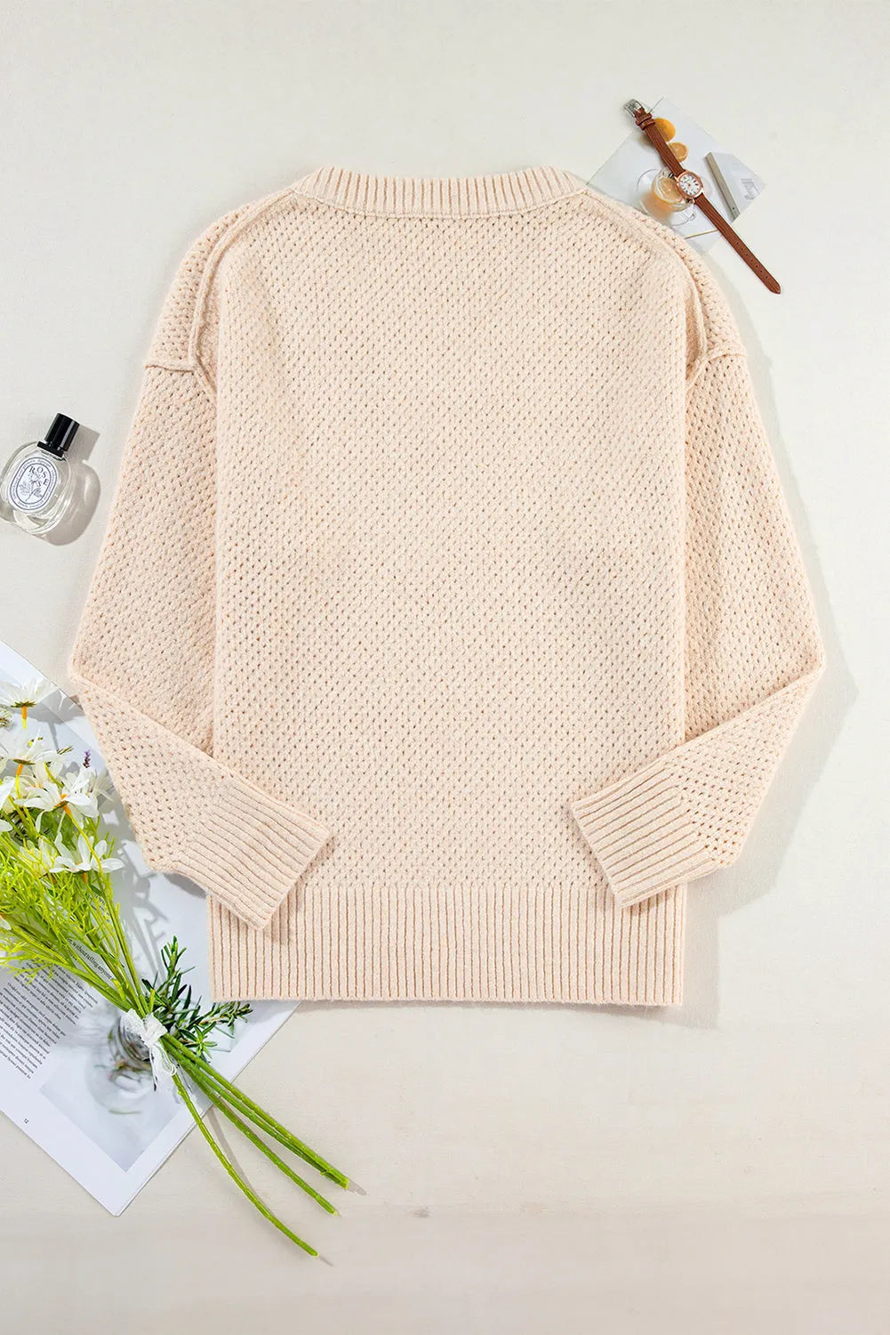 Parchment Loose Eyelet V Neck Drop Shoulder Sweater - Chic Meadow Boutique 