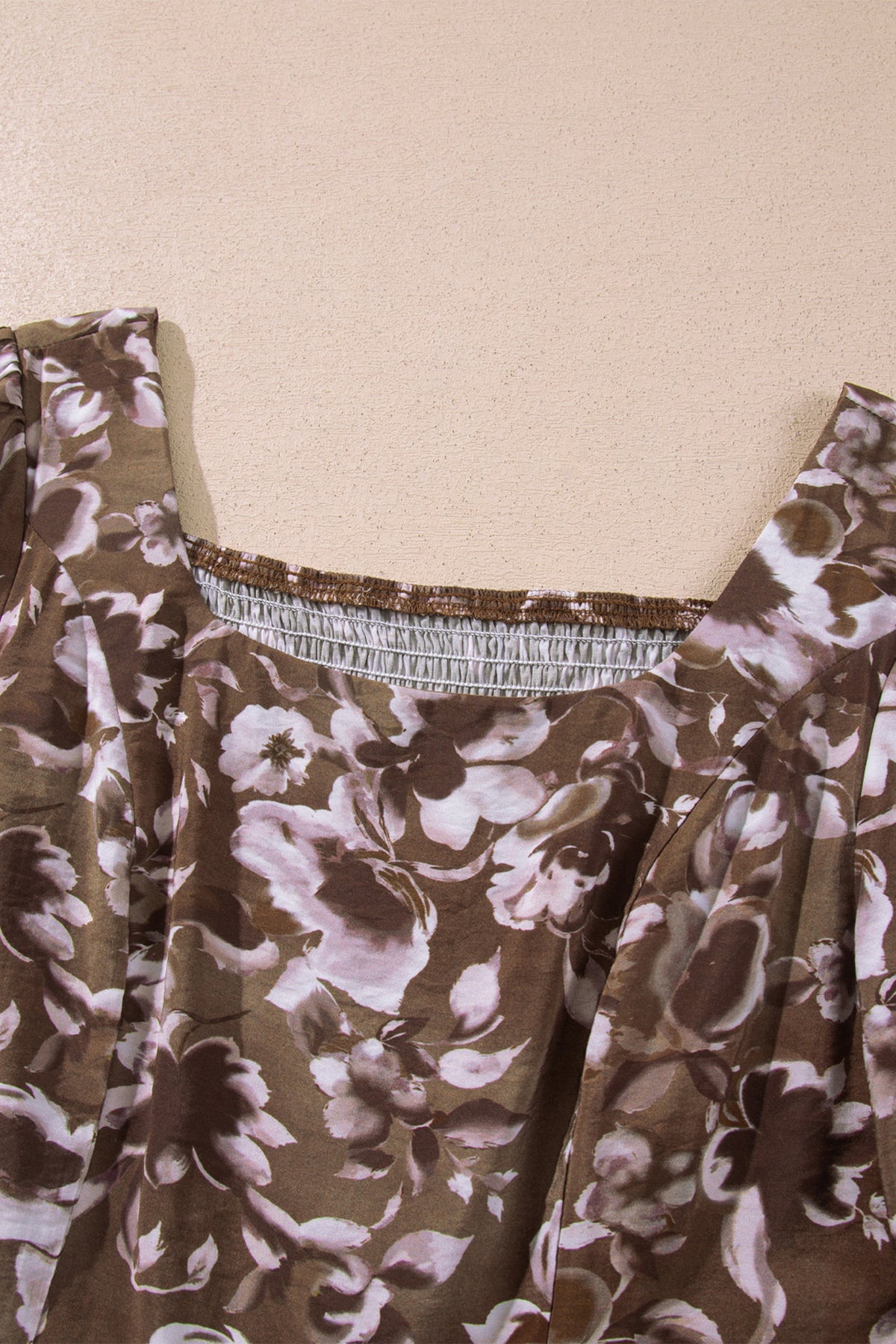 Brown Abstract Floral Print Square Neck Long Sleeve Mini Shift Dress