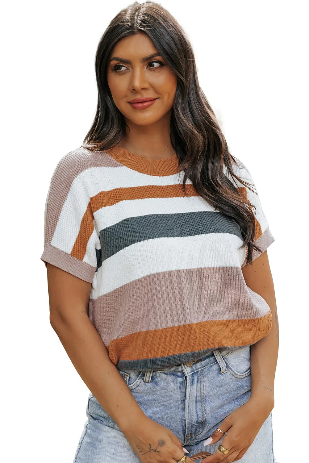 Camel Striped Knit Crew Neck T Shirt Sweater - Chic Meadow Boutique 