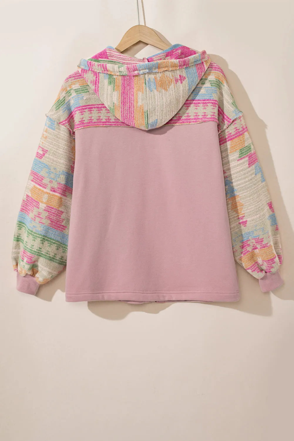 Light Pink Aztec Patch Drawstring Hooded Zip Up Jacket - Chic Meadow Boutique 