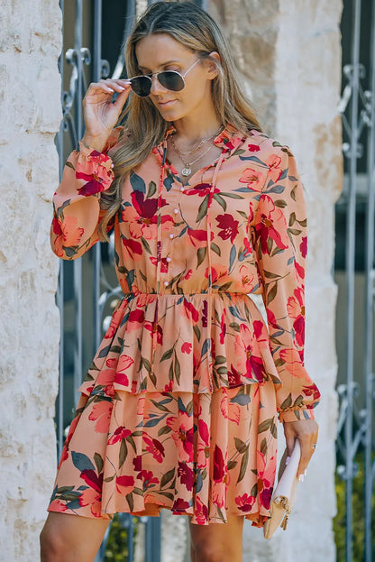 Fiery Red Frilled Collar Long Sleeve Floral Dress with Ruffle - Chic Meadow Boutique 