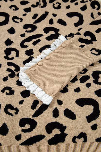 Brown Leopard Pattern Lace Ribbed Detail Button Cuffed Sweater