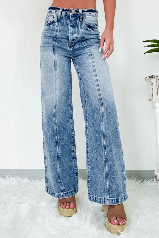 Dusk Blue Central Seamed Wide Leg High Waist Jeans - Chic Meadow Boutique 