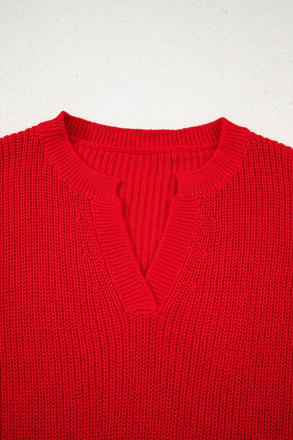 Racing Red Solid Textured Knit V Neck Drop Shoulder Sweater