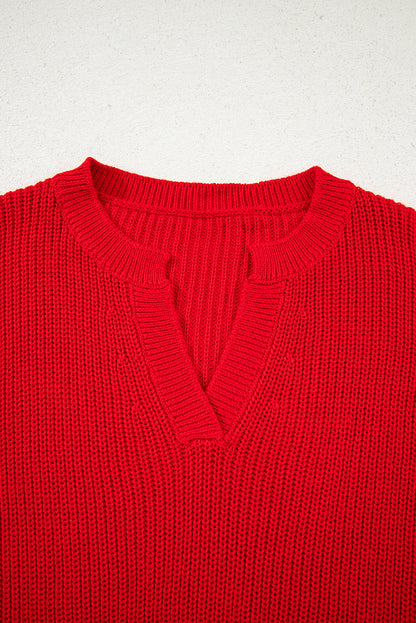 Racing Red Solid Textured Knit V Neck Drop Shoulder Sweater