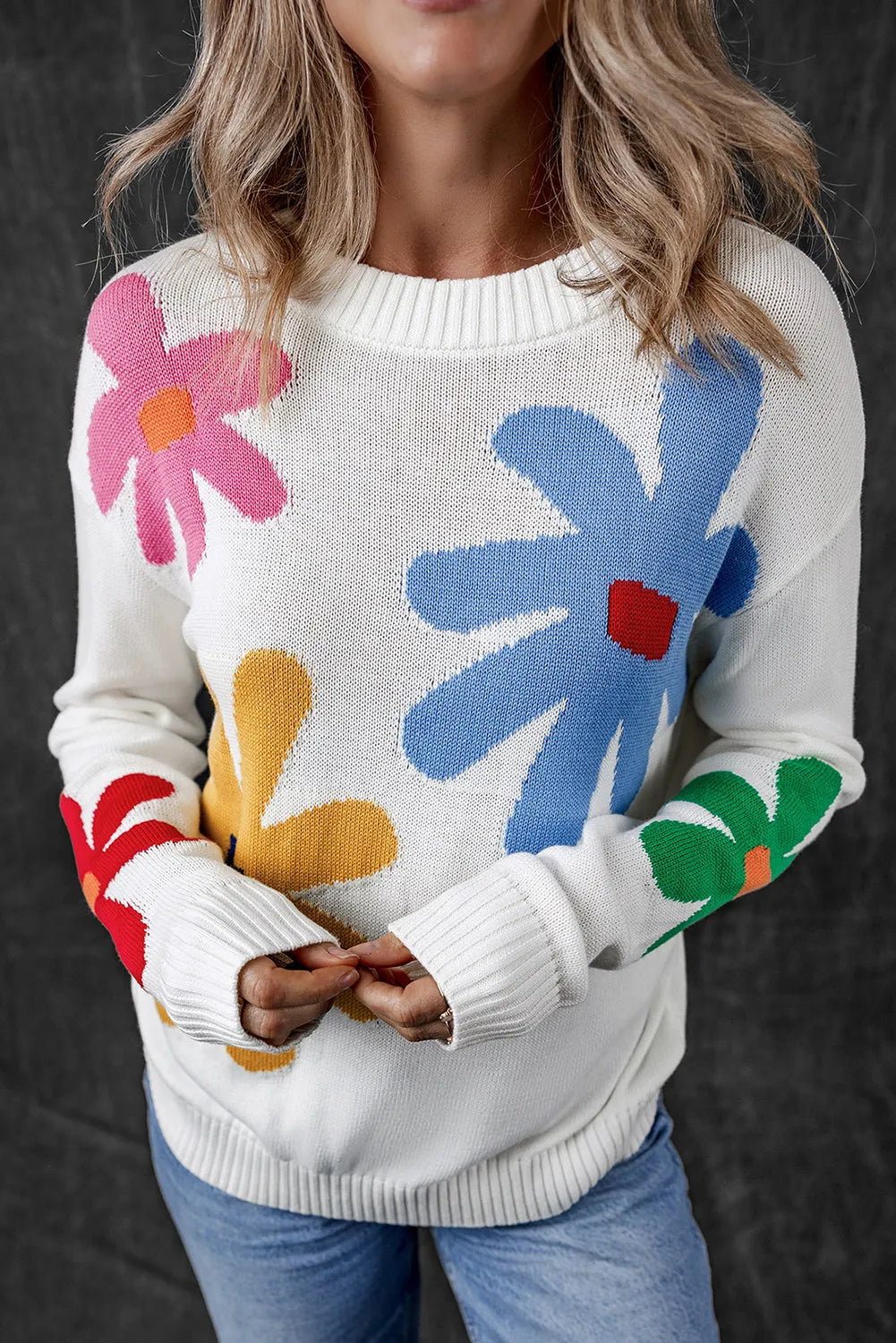 White Colorful Big Flower Pattern Crewneck Sweater - Chic Meadow Boutique 