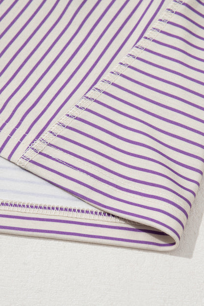 Purple Stripe Floral Color Block Raw Edge Patchwork Bracelet Sleeve Blouse