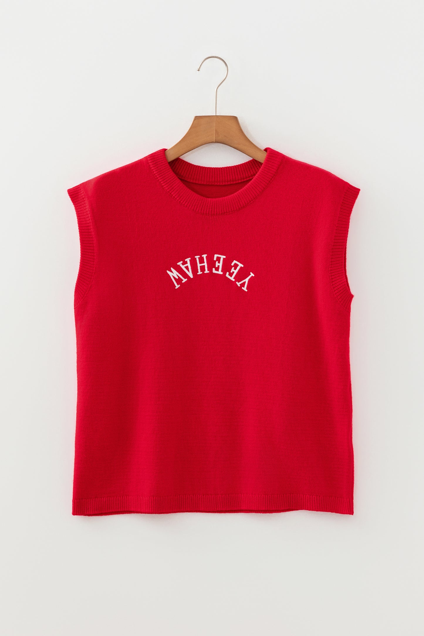 Fiery Red YEEHAW Embroidered Letter Loose Short Sleeve Sweater
