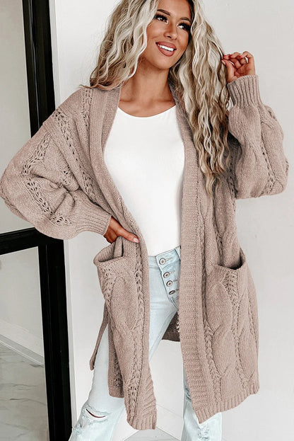 Apricot Ribbed Trim Eyelet Cable Knit Cardigan - Chic Meadow Boutique 