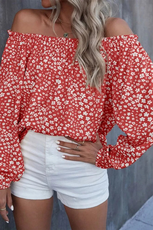 Fiery Red Floral Print Frill Trim Off-shoulder Lantern Sleeve Blouse - Chic Meadow Boutique 