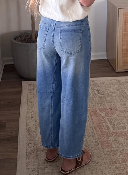 Beau Blue Solid Patchwork Grommet Tie Waist Loose Ankle-Length Jeans