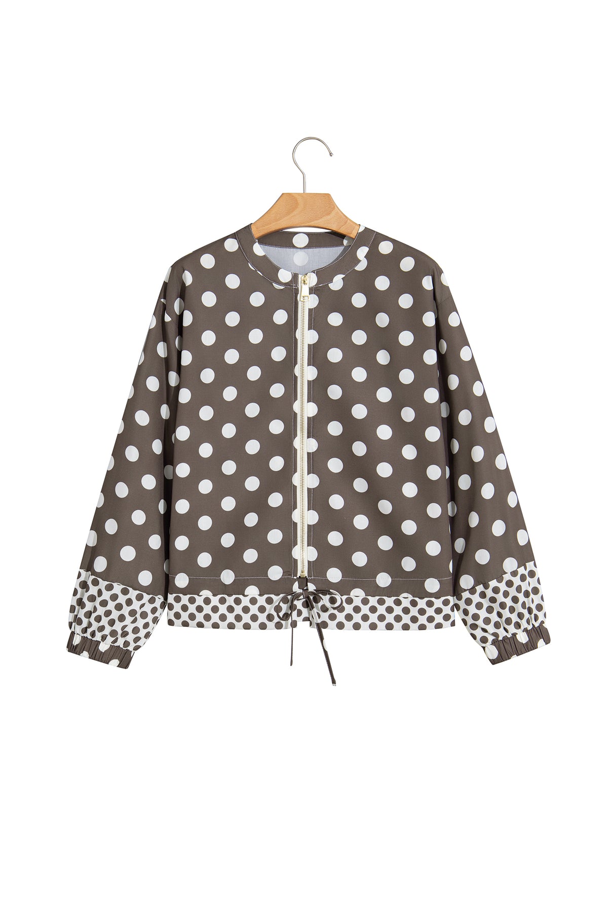 Brown Polka Dot Contrast Detail Zip-Up Long Sleeve Shacket