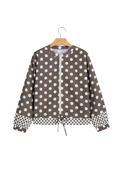Brown Polka Dot Contrast Detail Zip-Up Long Sleeve Shacket