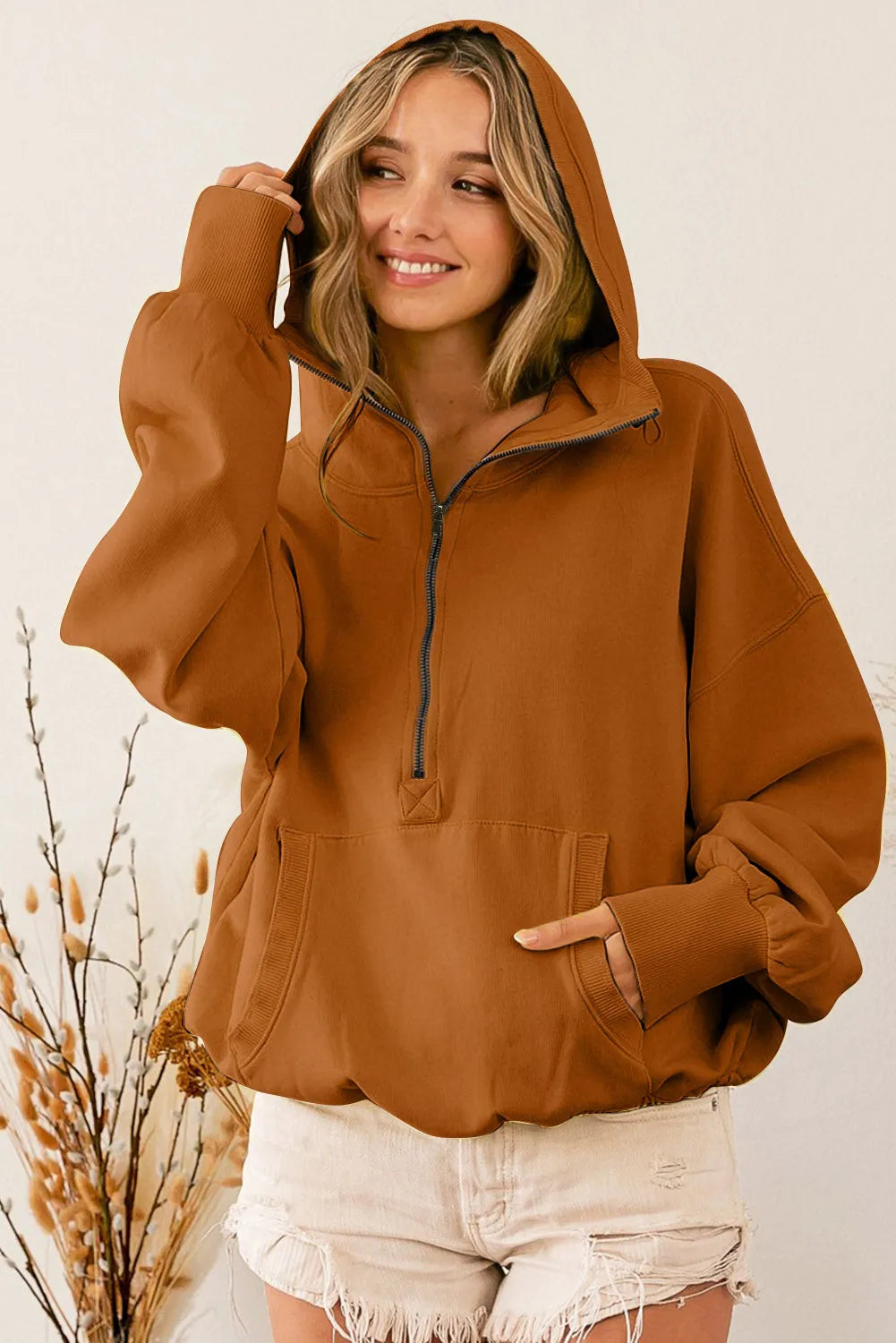 Brown Ribbed Trim Kangaroo Pocket Zipped Hoodie - Chic Meadow Boutique 