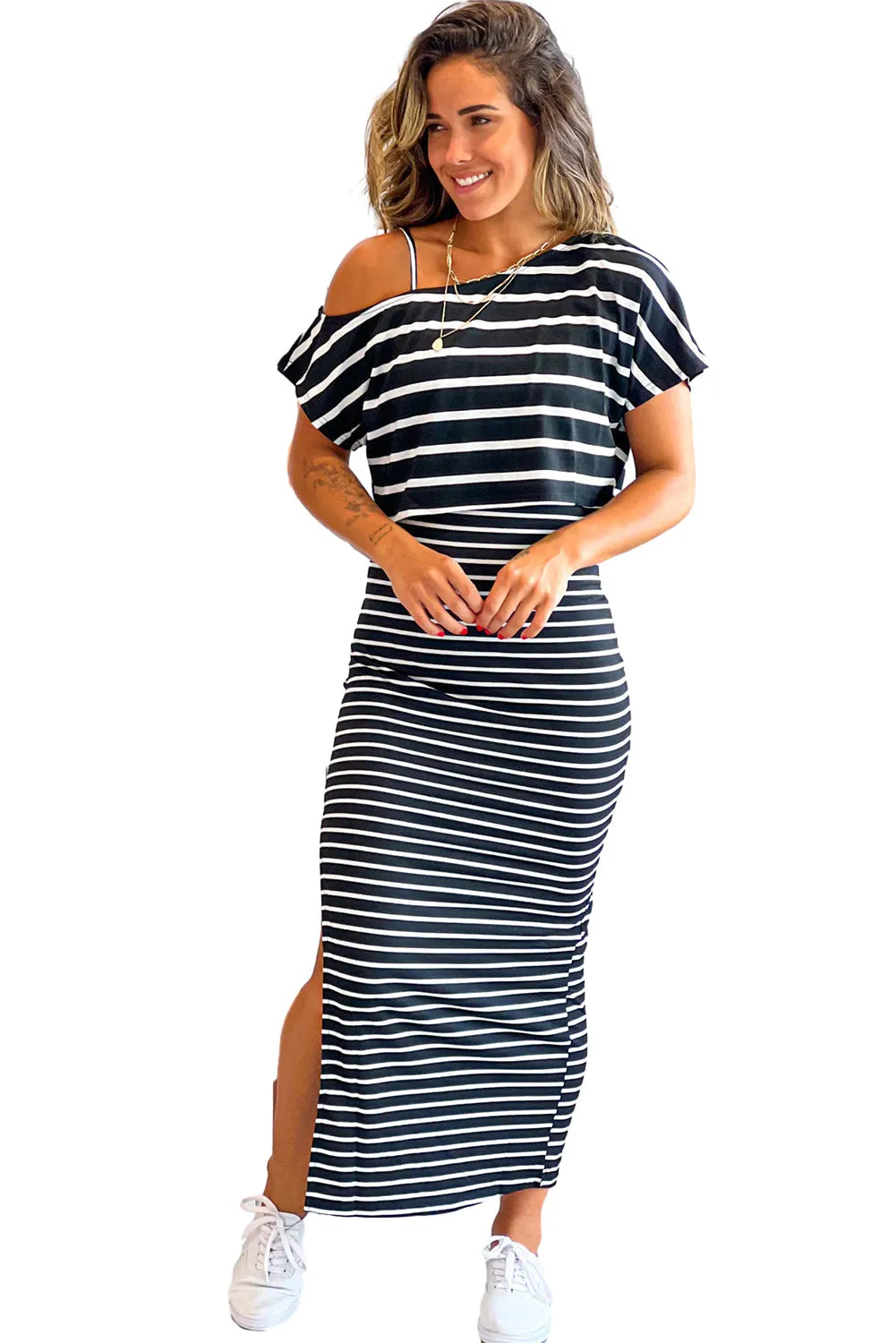 Black Stripe Asymmetric Shoulder Tee Slit Pencil Dress Set - Chic Meadow Boutique 