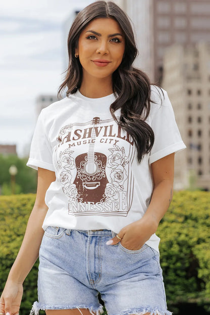 White NASHVILLE MUSIC CITY Graphic Crew Neck Tee - Chic Meadow Boutique 