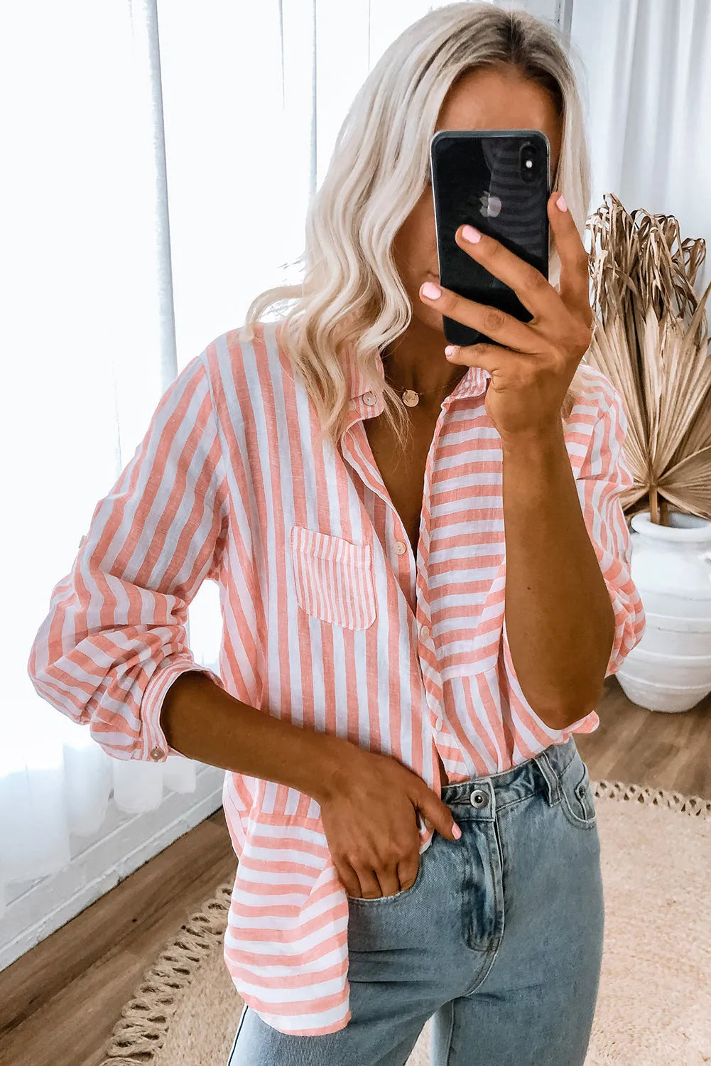 Pink Stripe Buttoned Long Sleeve Casual Shirt - Chic Meadow Boutique 