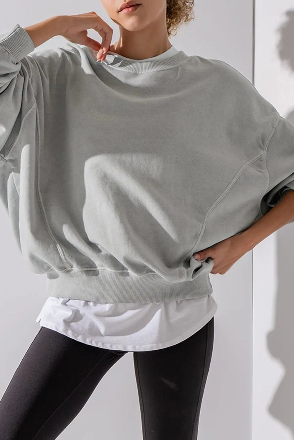 Gray Exposed Seam Batwing Sleeve Drop Shoulder Sweatshirt - Chic Meadow Boutique 