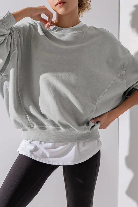 Gray Exposed Seam Batwing Sleeve Drop Shoulder Sweatshirt - Chic Meadow Boutique 