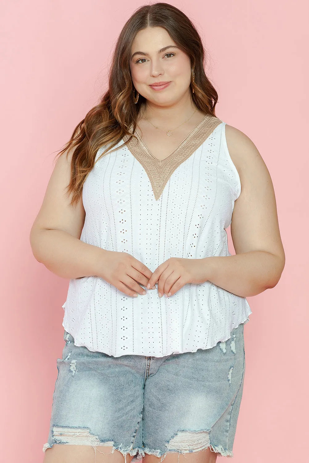 White Plus Size Guipure V Neck Eyelet Lace Tank Top - Chic Meadow Boutique 