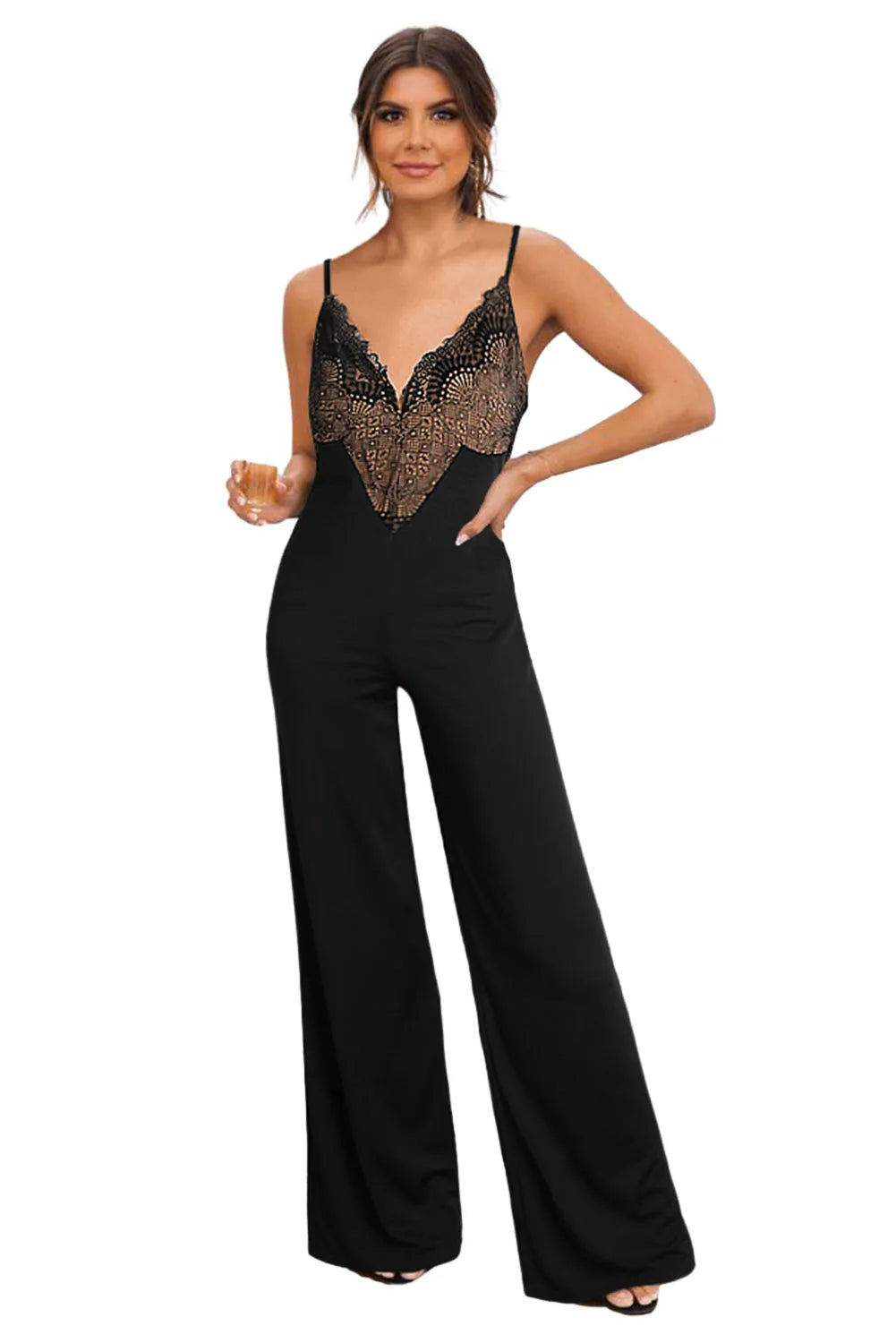 Black Lace V Neck Bodice Spaghetti Straps Wide Leg Jumpsuit - Chic Meadow Boutique 