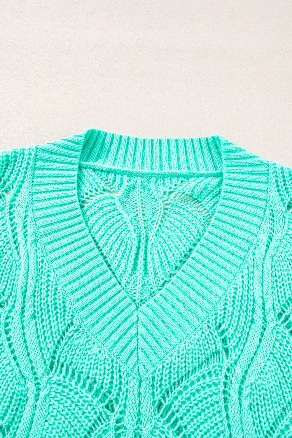 Mint Green Hollow Out Knit V Neck Drop Shoulder Sweater - Chic Meadow Boutique 