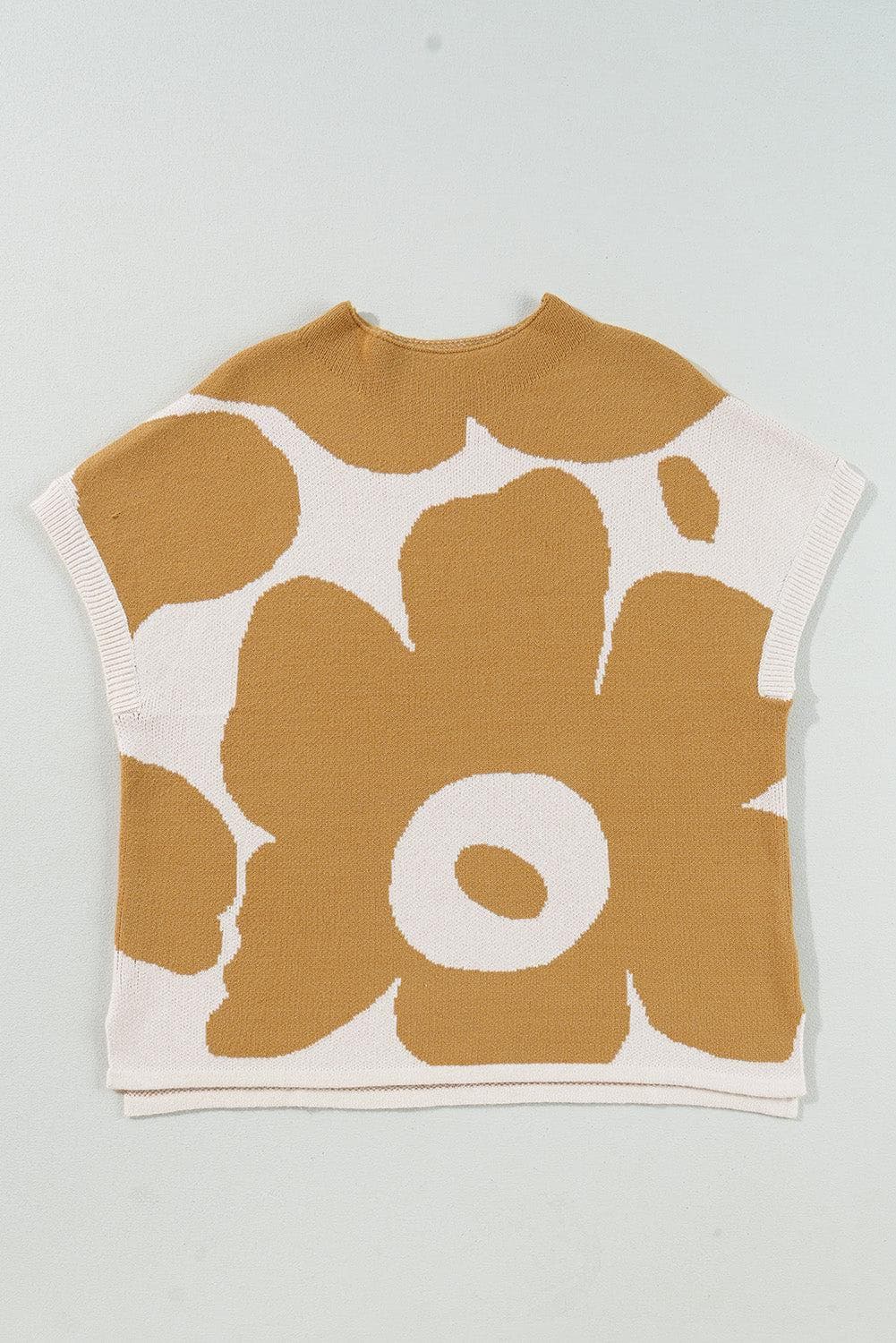 Sweaters & Cardigans/Short Sleeve Sweaters Camel Big Flower Pattern Stand Neck Short Sleeve Sweater