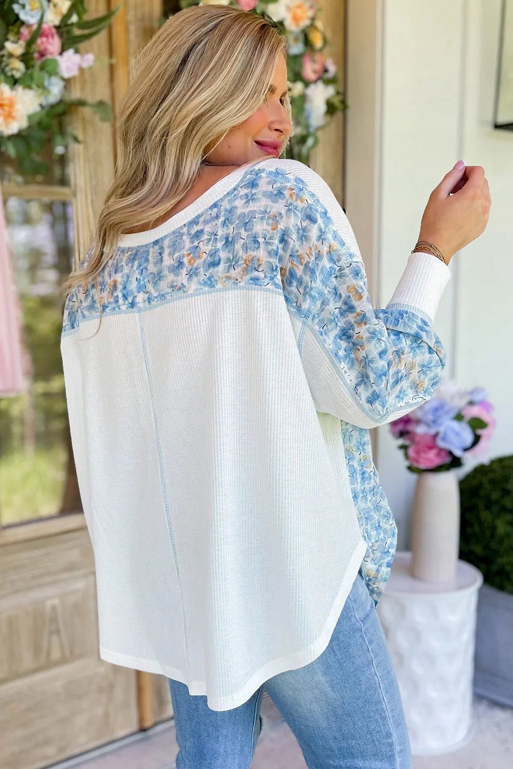 White Abstract Floral Patchwork Batwing Sleeve V Neck Blouse - Chic Meadow Boutique 