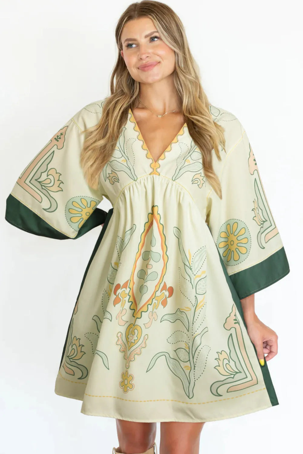 Multicolour Boho Print V Neck Empire Waist Short Kimono Dress - Chic Meadow Boutique 