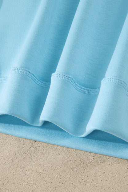 Mist Blue Solid Color Exposed Seam Mock Neck Oversize Tee Casual Shorts 2pcs Outfit