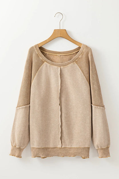 Light French Beige Waffle Knit Patchwork Exposed Seam Raglan Sweatshirt - Chic Meadow Boutique 