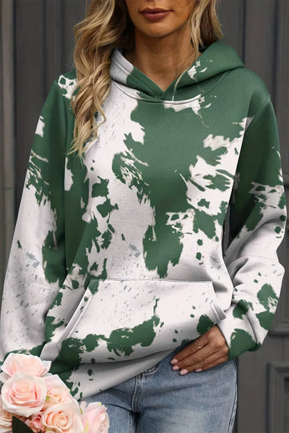 Green Tie Dye Print Kangaroo Pocket Loose Hoodie - Chic Meadow Boutique 