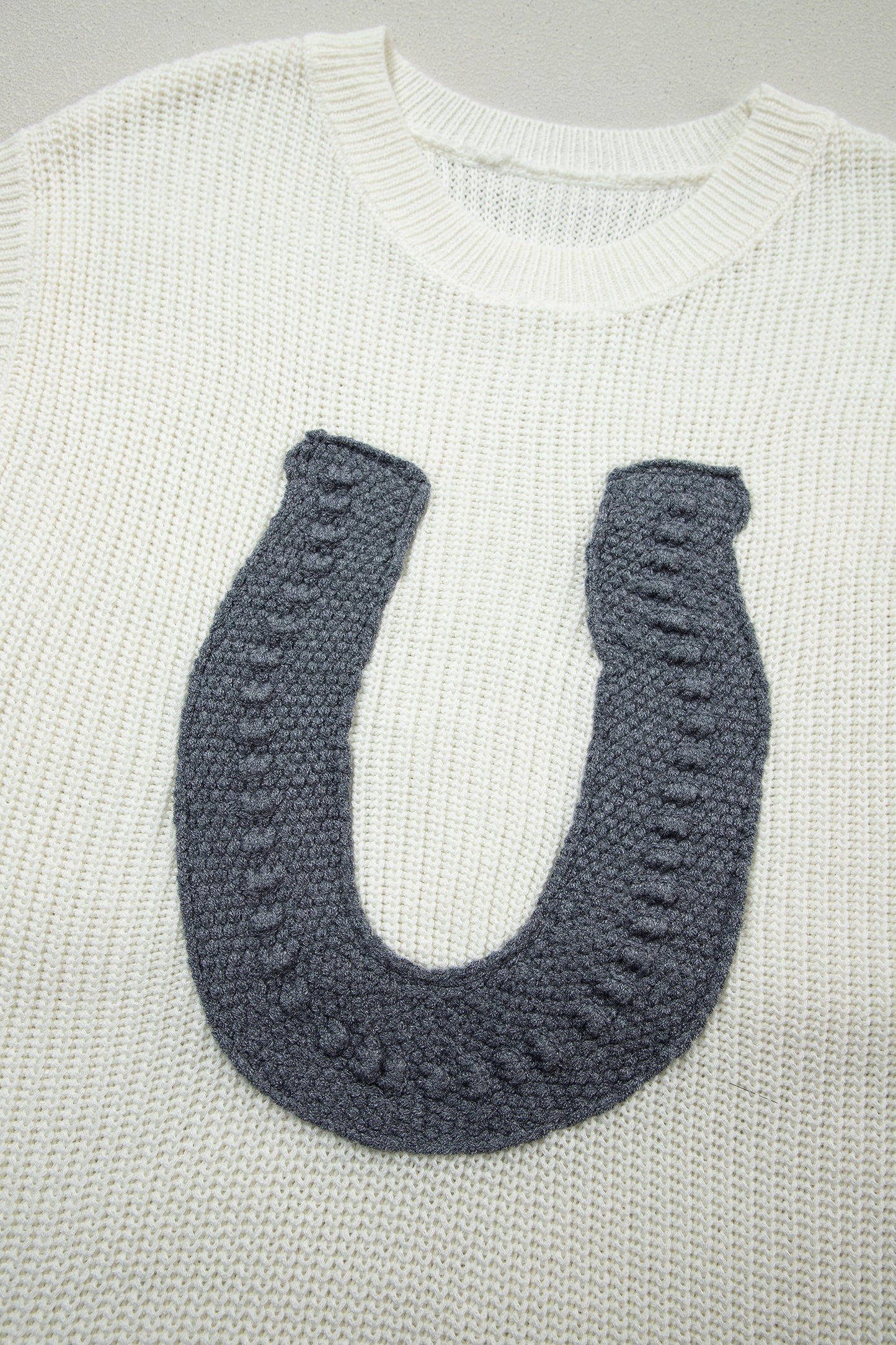 White Crochet Horseshoe Short Sleeve Knit Sweater