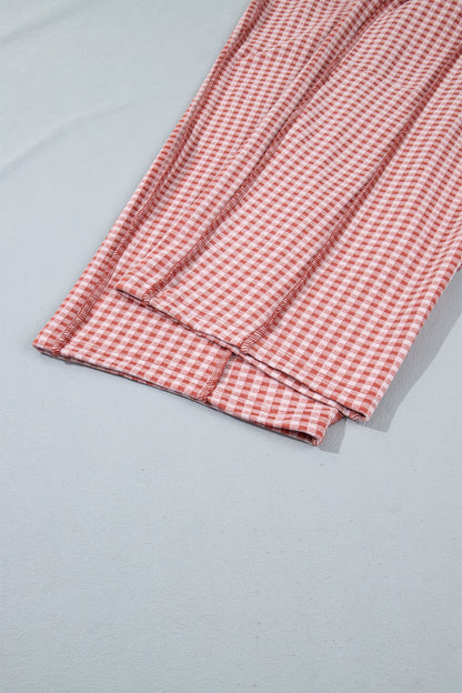 Red Plaid Contrast Trim Drawstring Elastic Waist Shift Pants