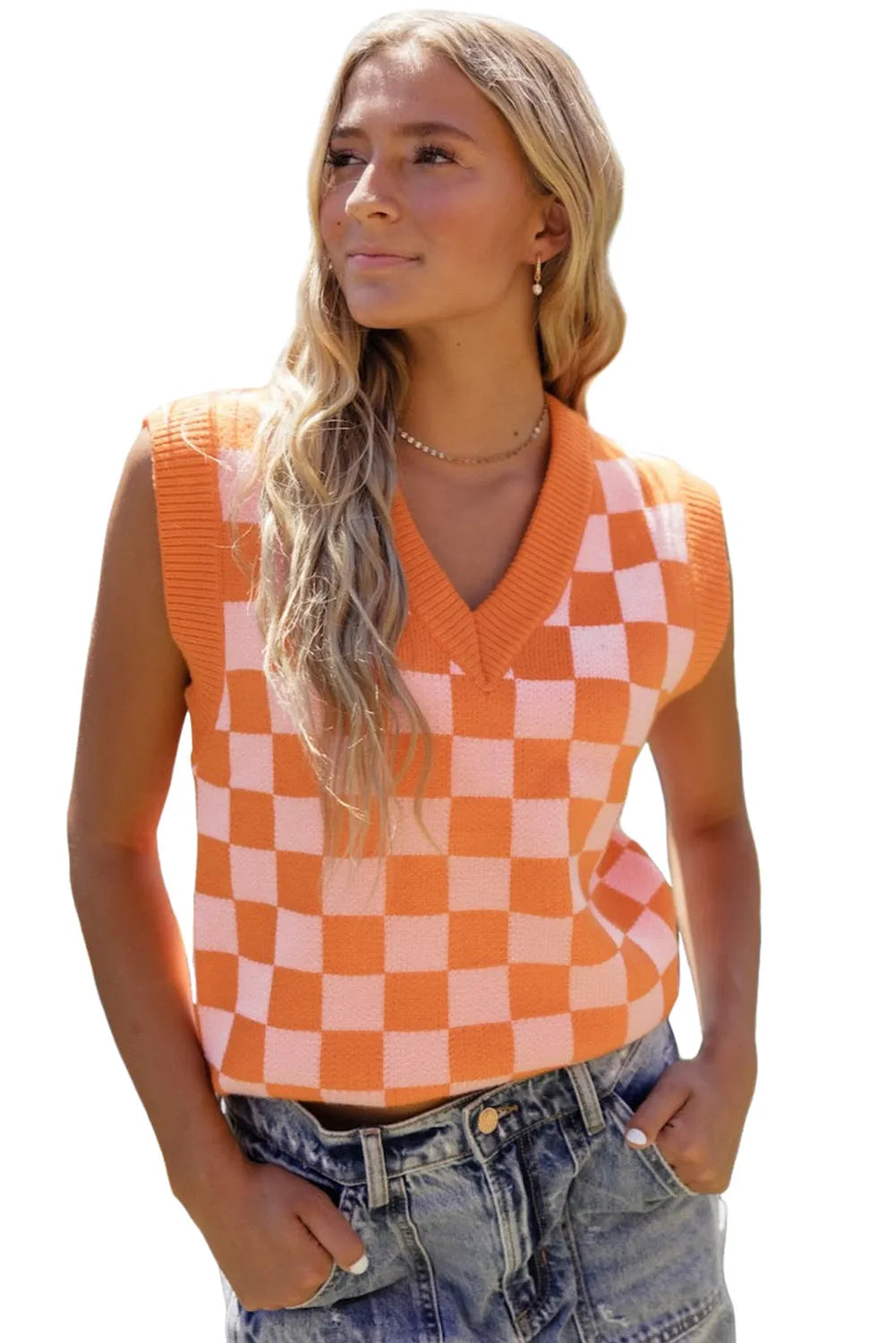 Russet Orange Checkered V Neck Knitted Sweater Vest - Chic Meadow Boutique 