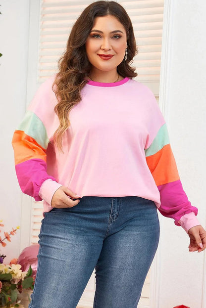 Plus Size/Plus Size Tops/Plus Size Long Sleeve Tops Pink Colorblock Patchwork Long Sleeve Plus Size Top