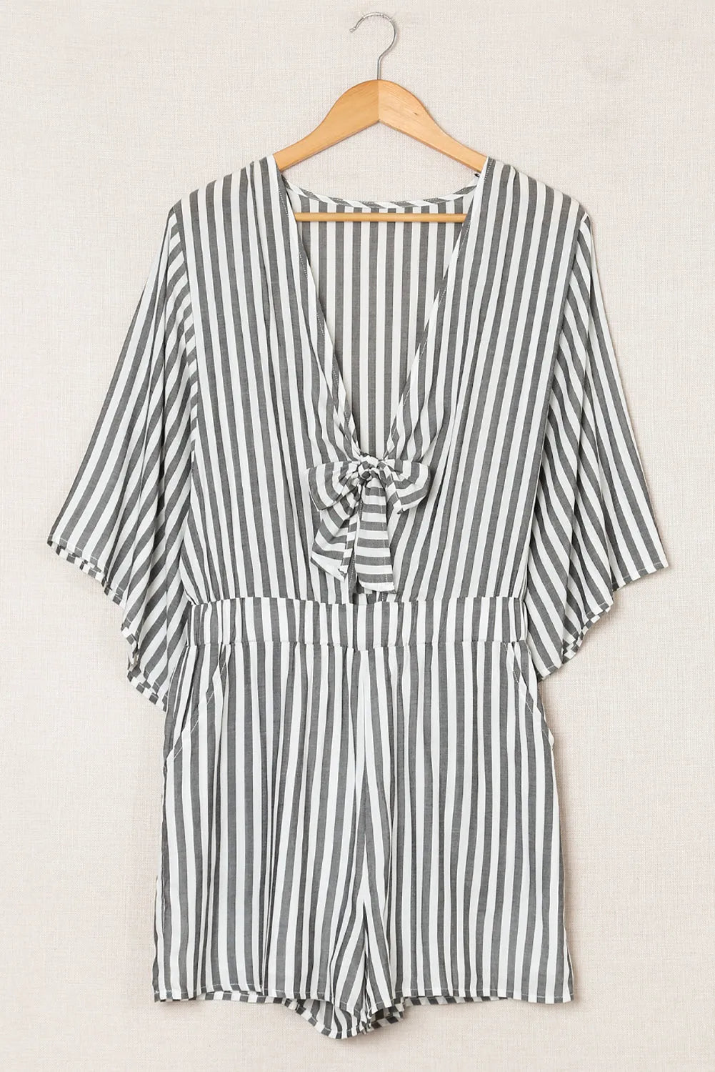 Gray 3/4 Wide Kimono Sleeves Tie Front Striped Romper with Pockets - Chic Meadow Boutique 