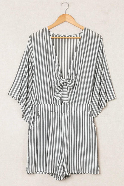 Gray 3/4 Wide Kimono Sleeves Tie Front Striped Romper with Pockets - Chic Meadow Boutique 