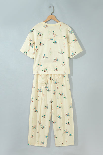 Beige Duck Print Short Sleeve Top Pocket Pants 2pcs Casual Set