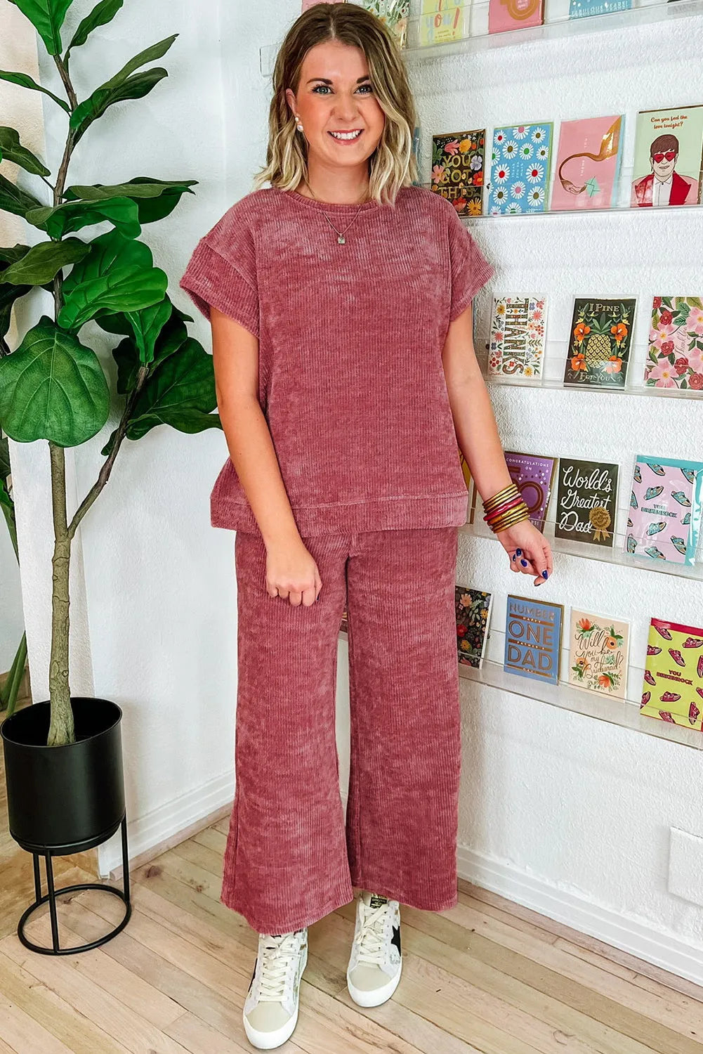 Rose Pink Mineral Wash Corduroy Short Sleeve and Crop Pants Set - Chic Meadow Boutique 