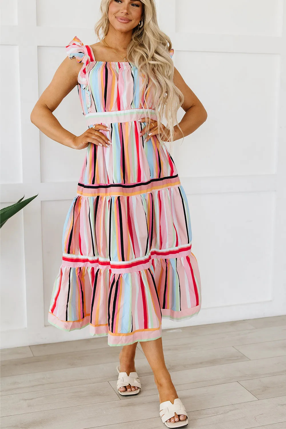 Pink Rainbow Stripe Ruffles Ruched Tiered Dress - Chic Meadow Boutique 