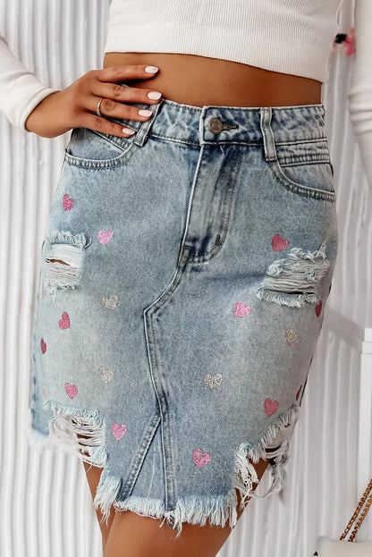 Beau Blue Shimmer Heart Pattern Distressed Denim Mini Skirt - Chic Meadow Boutique 