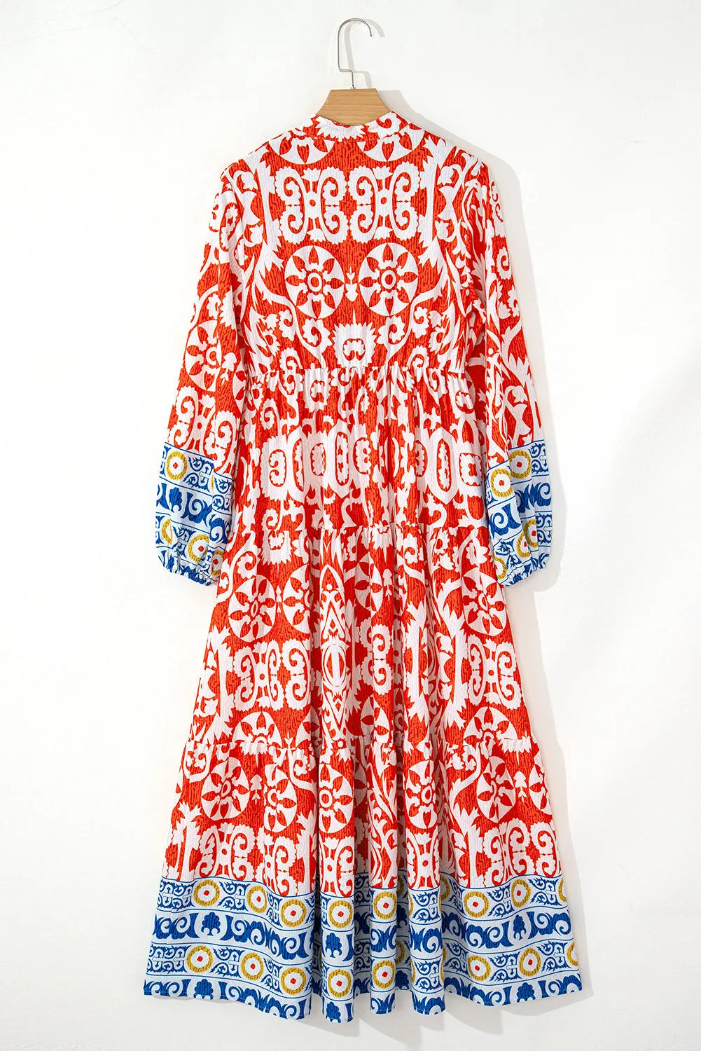 Orange Boho Geometric Printed Long Sleeve Maxi Dress - Chic Meadow Boutique 