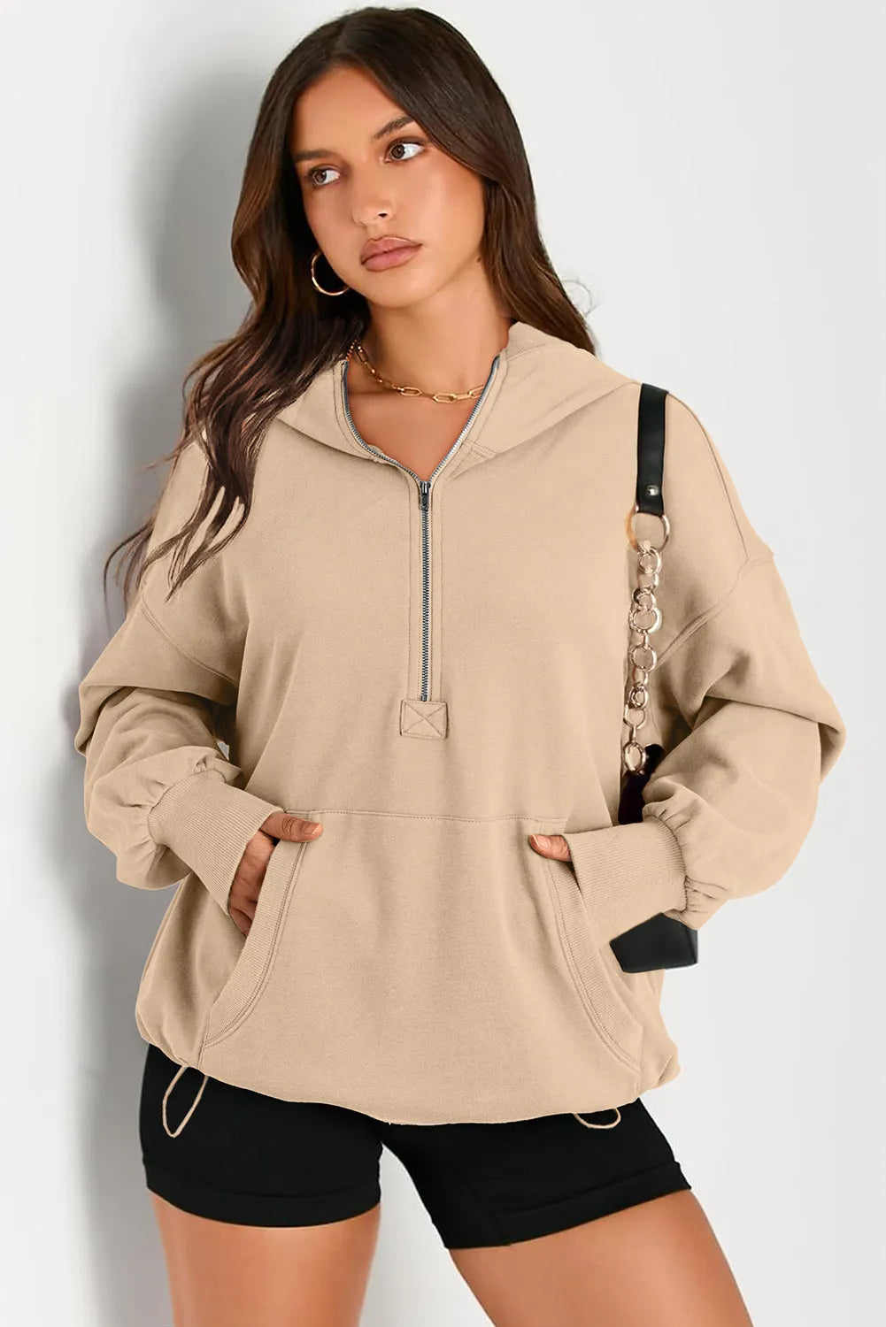 Parchment Solid Kangaroo Pocket Half Zipper Oversized Hoodie - Chic Meadow Boutique 