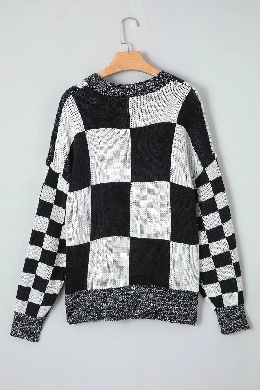 Black Checkered Print Drop Shoulder Sweater - Chic Meadow Boutique 