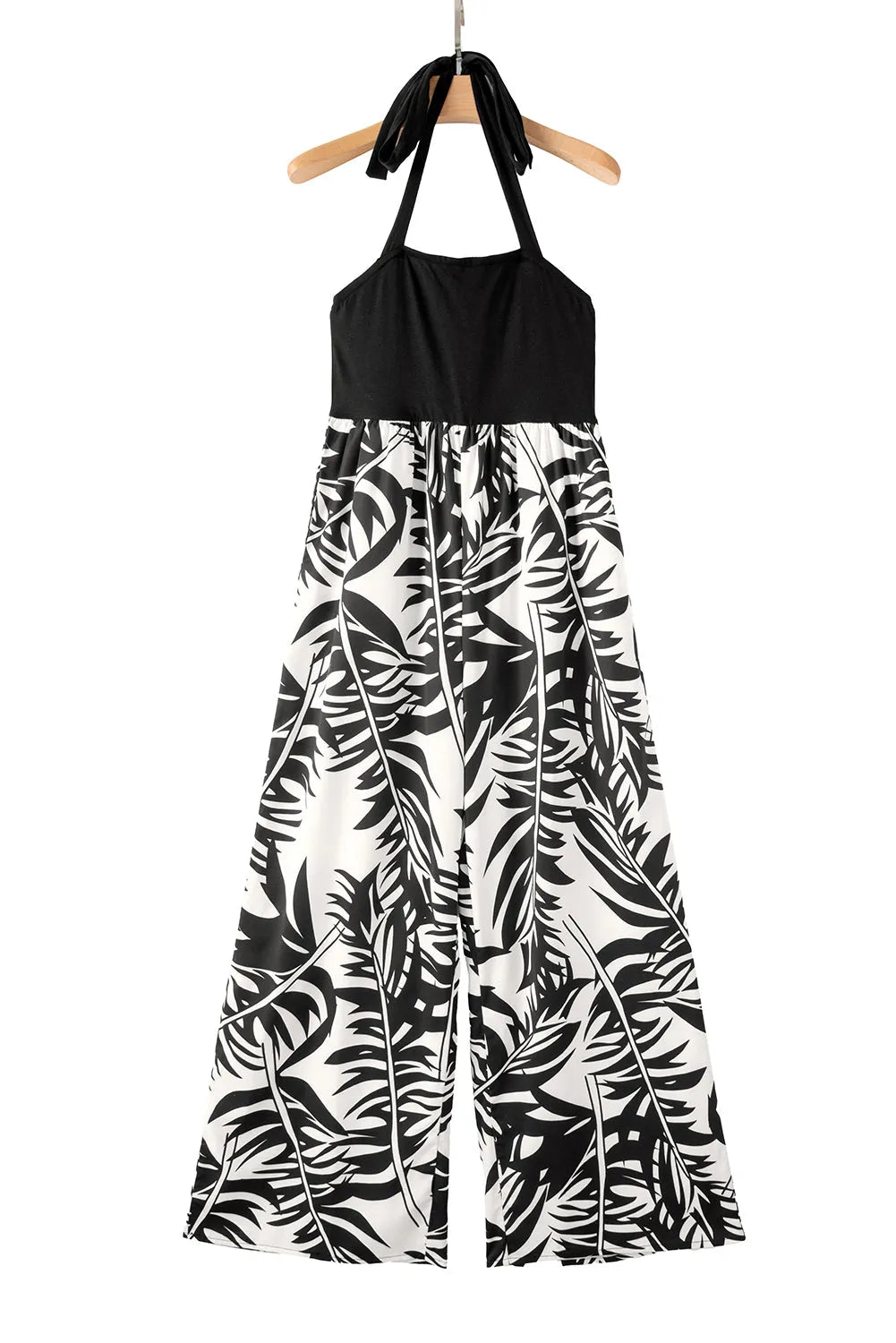 Black Halter Tropical Plant Print Wide Leg Jumpsuit - Chic Meadow Boutique 