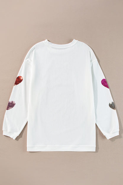 White Valentines Heart Patched Pattern Corded Pullover Sweatshirt